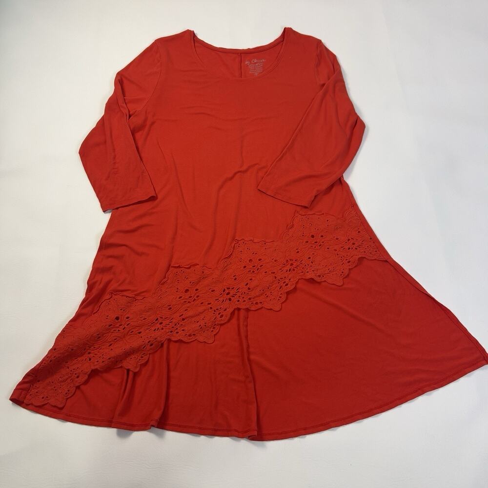 Chico's Red Orange Tunic Top Size 2 Lace Trim Hi-Lo Asymmetrical Hem 3/4 Sleeve